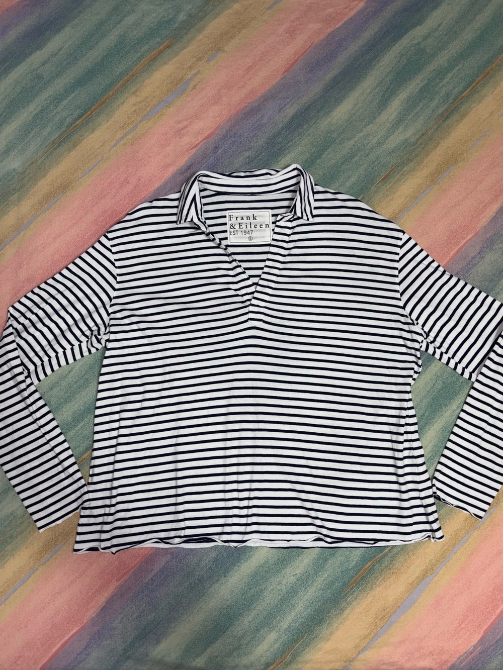 Frank & Eileen Patrick Popover Henley Top L Coastal Chic Stripes Quiet Luxury - Picture 2 of 6